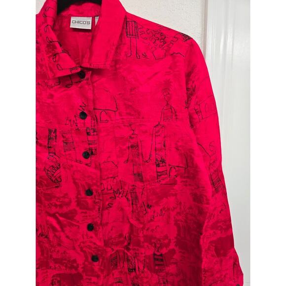Chico's Linen Silk Blend Shirt Size 1 M Red Black Artsy Funky People Button Down - Picture 3 of 11